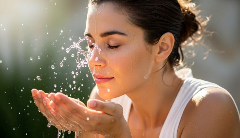 Woman splashing fresh water on her face for natural skincare and glowing complexion