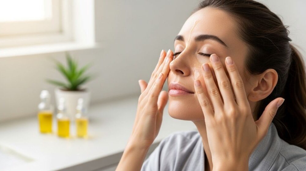 Woman performing gentle upward strokes during morning facial massage routine with natural oil