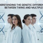 A vibrant header image with text overlay on top about how to understand the genetic differences between twins and multiples, featuring identical and fraternal twins in a lab.