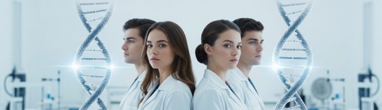 A vibrant header image with text overlay on top about how to understand the genetic differences between twins and multiples, featuring identical and fraternal twins in a lab.