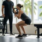 Beginner performing safe squats in Miami gym