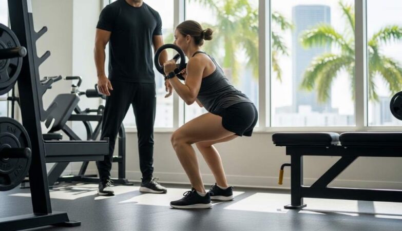 Beginner performing safe squats in Miami gym