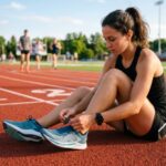 Woman lacing up lightweight breathable running shoes on a track