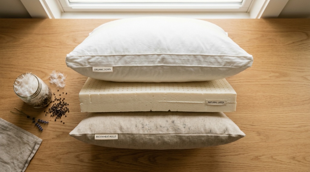 Various breathable pillow types displayed neatly on a wooden shelf.
